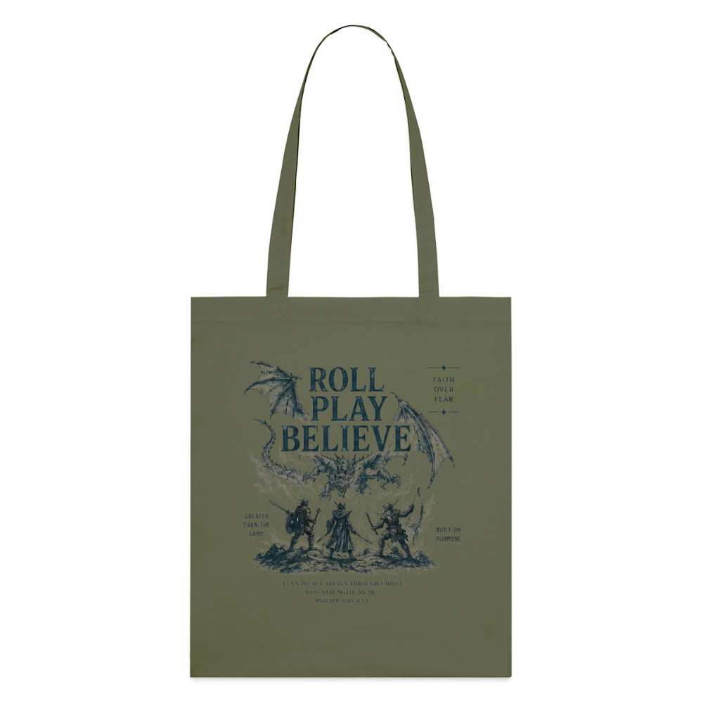 Roll. Play. Believe. Stoffbeutel aus Bio-Baumwolle - Khaki