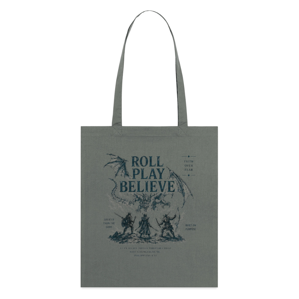 Roll. Play. Believe. Stoffbeutel aus Bio-Baumwolle - Anthrazit