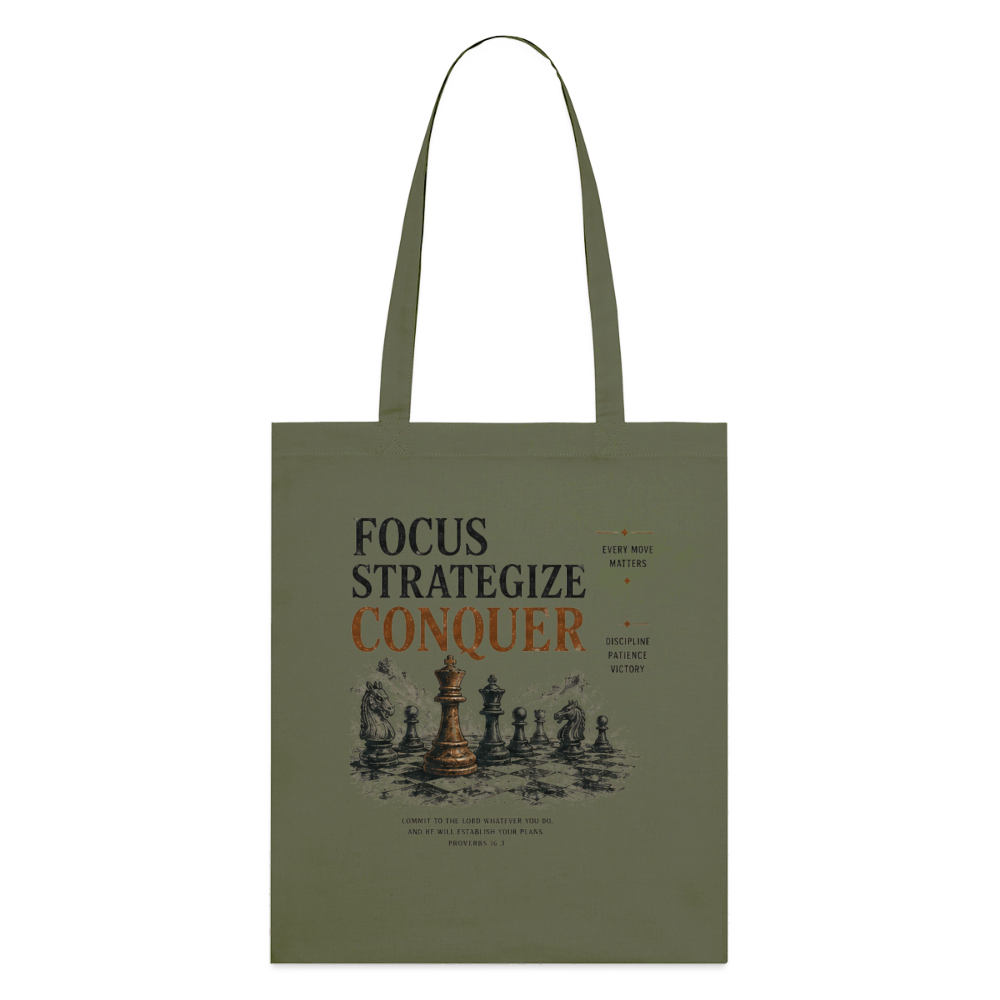 Focus. Strategize. Conquer. Stoffbeutel aus Bio-Baumwolle - Khaki